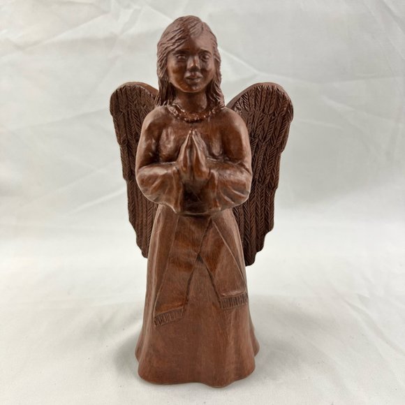 Pam Talley Joyeux Praying Angel Figurine Vintage Carved Wood 1990 Signed - Picture 1 of 10